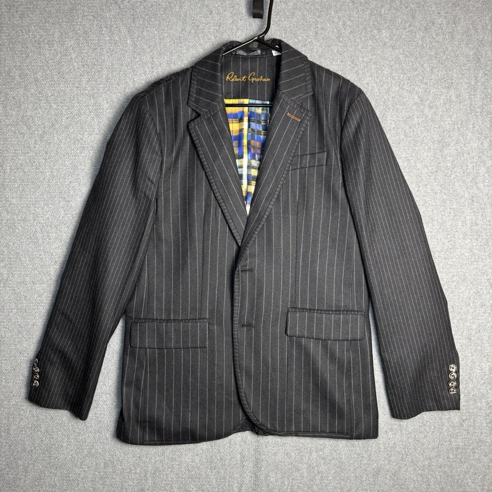 Robert Graham Blazer Jacket Mens 40 Regular Charcoal Wool Pinstripe Quilted Back